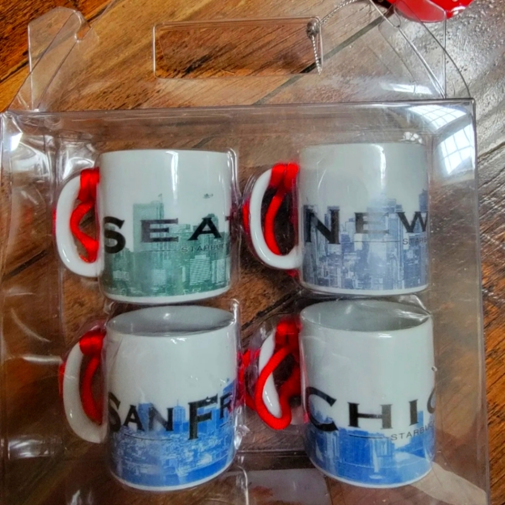 NWT 2003 Starbucks collectible ornaments Mugs Coffee Cafe cups sea sf Chicago ny